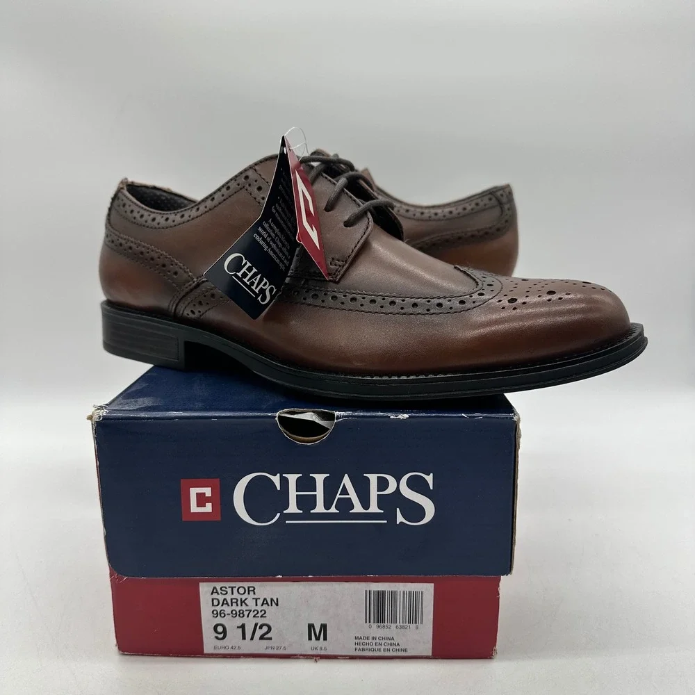 Chaps 96-98722 Mens 9.5‎ M Astor Dark Tan Wingtip Brogue Oxford Dress Shoes